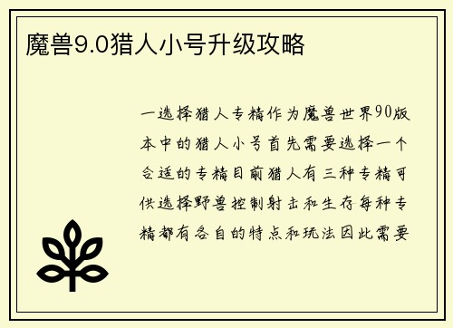 魔兽9.0猎人小号升级攻略
